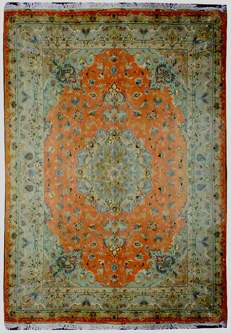 Deeper orange rendering of the 8x12 Persian Tabriz rug showing its lobed central medallion and floral border