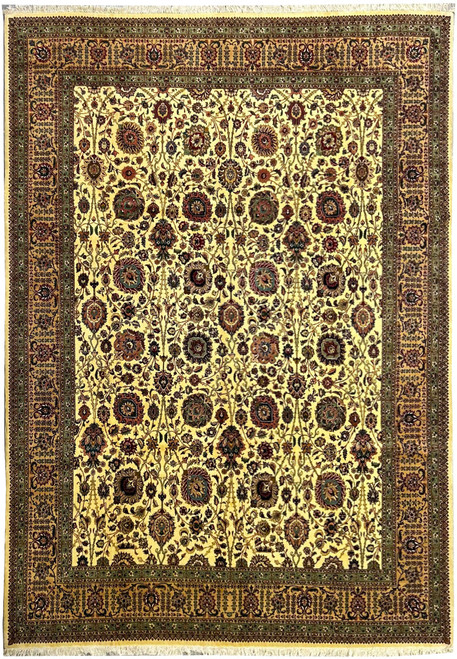 Overhead view of ivory Persian Tabriz rug with dense all over floral palmette field and camel border
