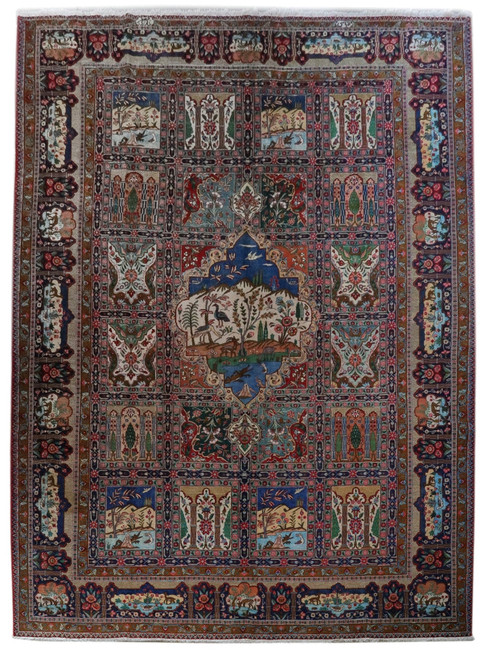 Oversize 14x20 Persian Tabriz rug with garden panel compartments, pictorial medallion and rust brown border