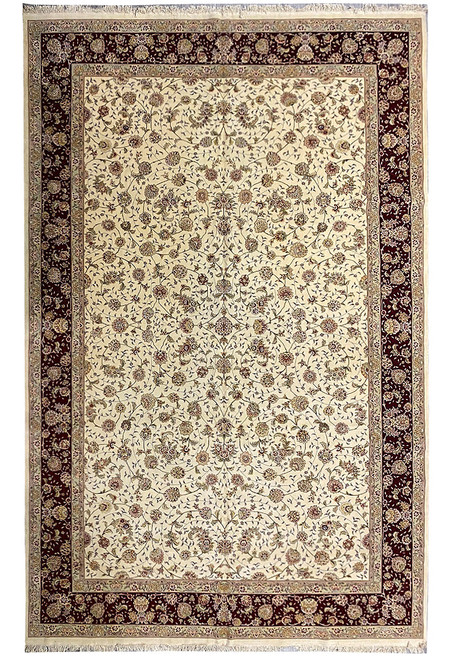 Full overhead view of 11'7 x 17'6 ivory Sino Tabriz rug with berry red border