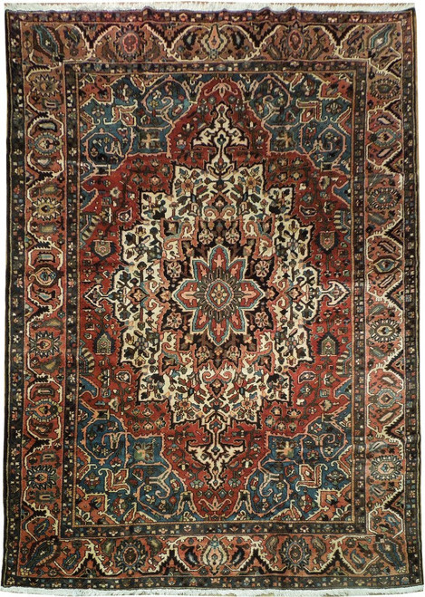 Full overhead view of 11'3 x 15'7 Persian Bakhtiar rug, ivory medallion on terracotta red field
