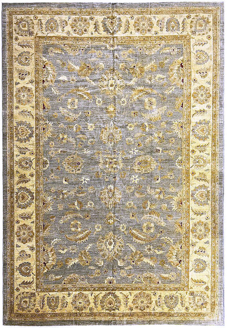 Soft grey-blue field and ivory floral border on this hand-knotted Chobi Ziegler oversize rug