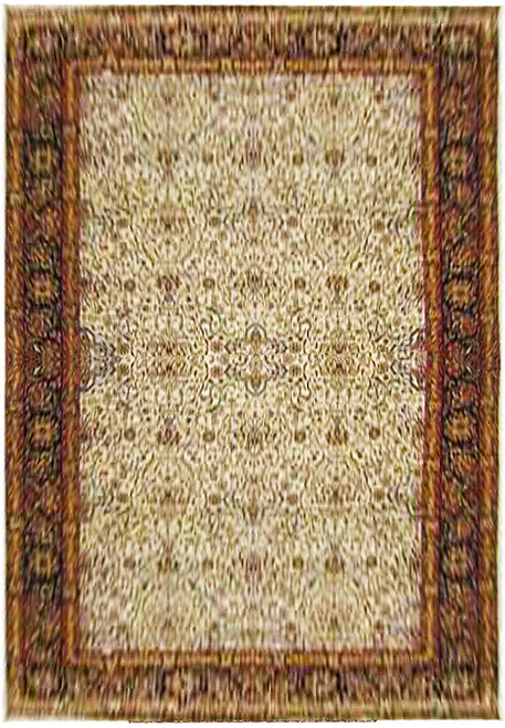 Full overhead view of the 12x18 ivory Sarouk design rug with black floral border