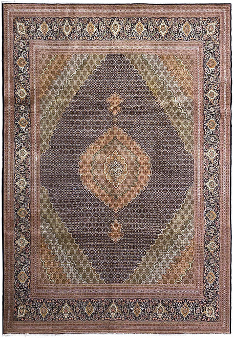 Black field Persian Tabriz Mahi rug with copper scalloped medallion and multi-band floral border