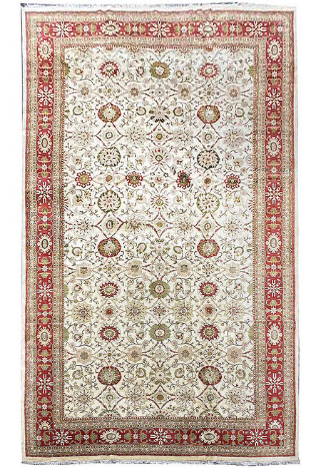 12'7" x 24'2" ivory Jaipur rug shown flat, red border framing all over floral field