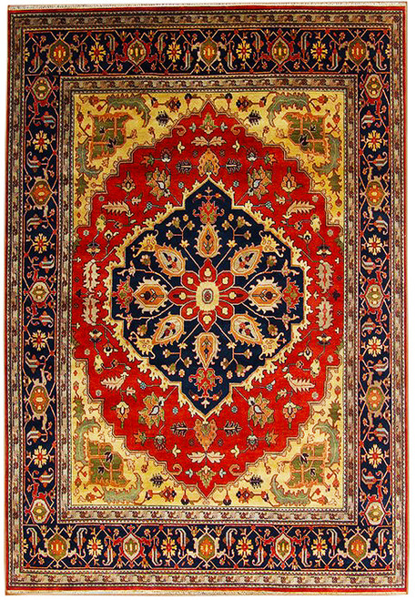 Oversize 12x15 Serapi rug with orange red field, navy medallion and ivory corner spandrels