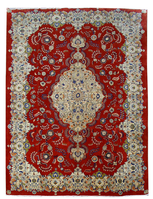 Red Persian Kashan rug with ivory floral medallion, curling vine field and wide ivory border
