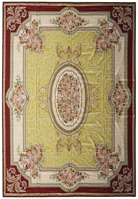 Full overhead view of gold-field Aubusson rug with oval rose medallion and burgundy acanthus border
