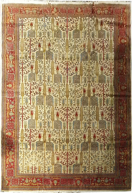 Full overhead view of ivory 13x16 rug with coral red border and rows of willow trees