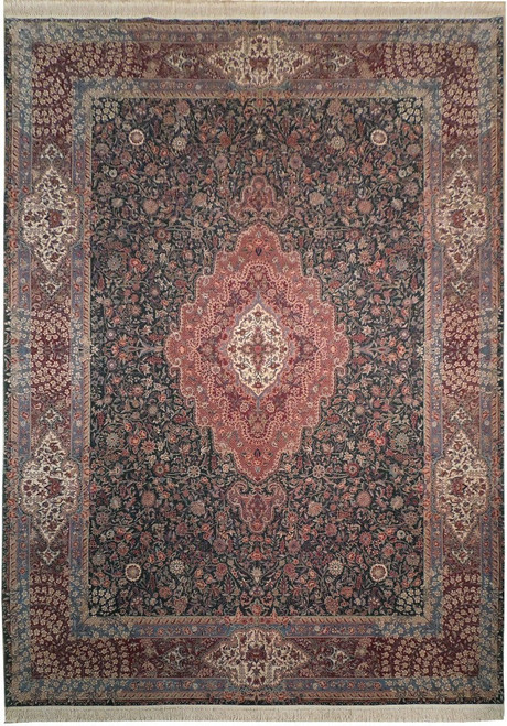 Overhead view of pine green 9x12 Sino Tabriz rug with rose medallion and burgundy floral borders