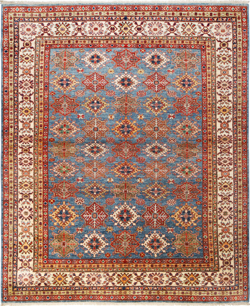 Blue field Super Kazak rug with ivory border and all-over geometric star medallions in wool