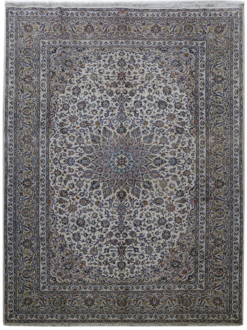Full overhead view of the ivory Persian Kashan rug with lilac star medallion and floral borders