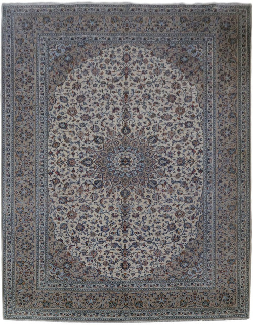 Ivory Persian Kashan rug with blue floral medallion and dense vine field, full overhead view