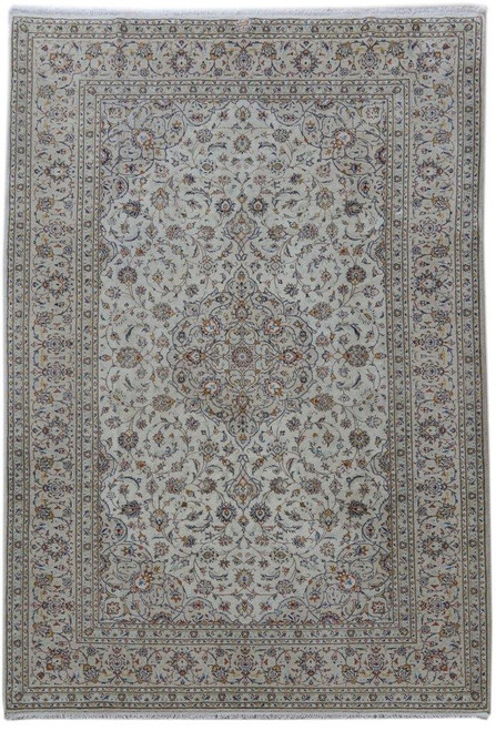 7'3" x 10'9" Persian Kashan rug with ivory allover floral field and navy medallion