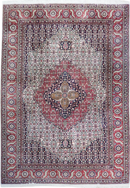 Ivory and red Persian Tabriz rug with Herati fish field and navy floral borders