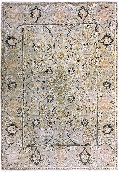 Light mint green Ziegler rug with peach and ivory all over floral design, full overhead view