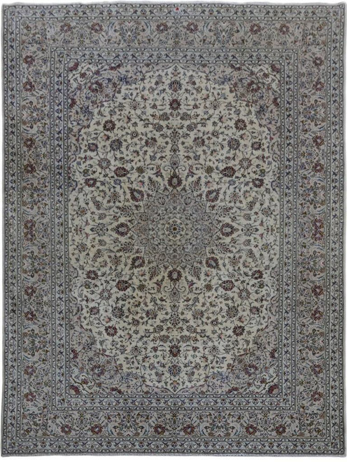 10x13 Persian Kashan rug in ivory with navy floral medallion and allover vine field