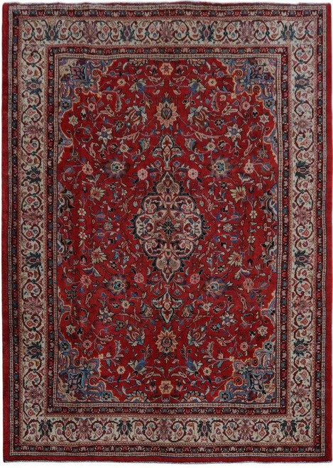 10'2" x 14'5" Persian Sarouk rug shown flat with red floral field and ivory border