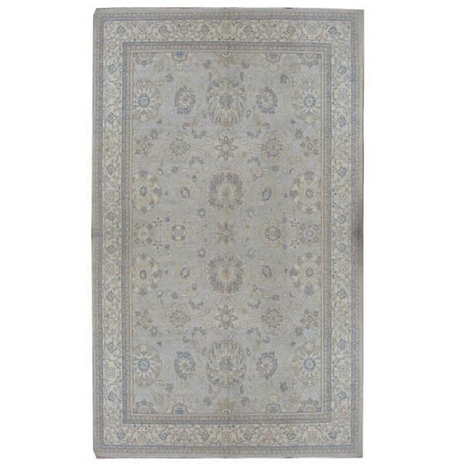 12x18 oversize Chobi Oushak rug photographed flat, light gray field framed by ivory floral border