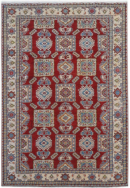 Red and ivory Kazak rug with paneled geometric medallions, ivory main border and wool pile