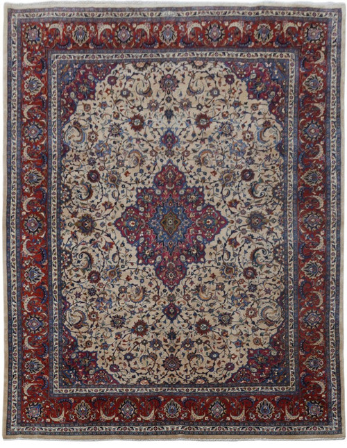 10' x 12'10" Persian Najafabad rug with ivory floral field and deep red palmette border