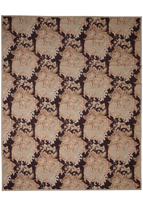 12x15 needlepoint rug shown flat, dark plum-brown field with beige rose-filled cartouche panels