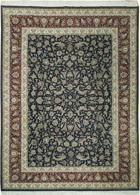 Full overhead view of 8'8" x 11'7" black field Tabriz design rug with burgundy floral border