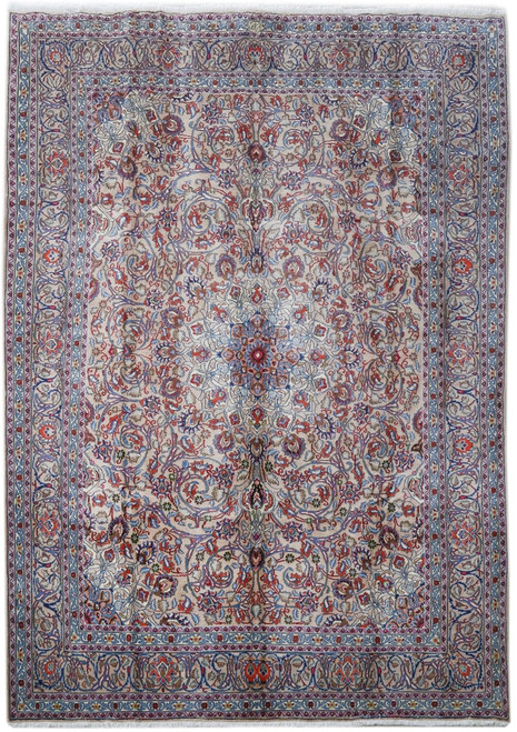 9'10" x 13'11" ivory Persian Mashad rug shown flat with all over floral vinery field