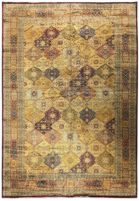 Full overhead view of 11'6" x 17'6" multi-color diamond panel rug with gold ivory field