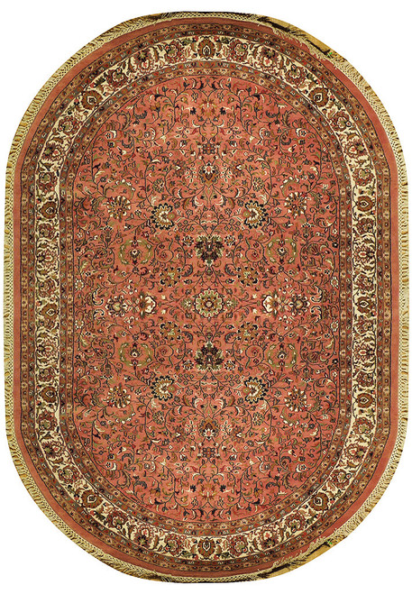 Overhead view of oval rose red Sarouk design rug with ivory palmette border and fringe
