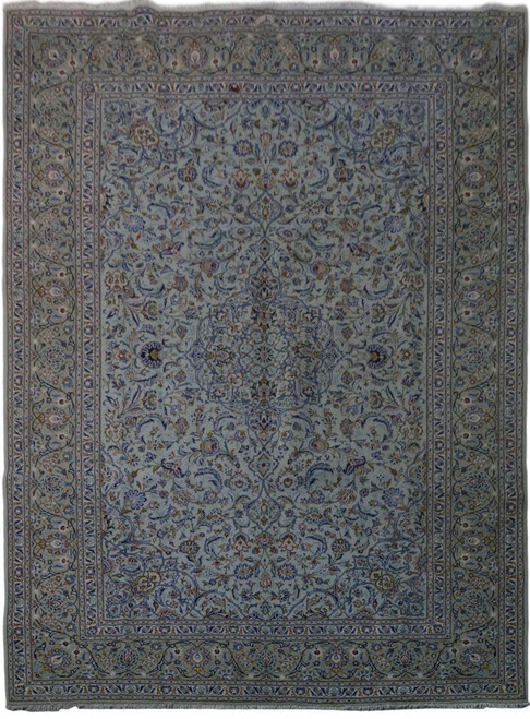 Soft blue Persian Kashan rug with all over floral field and wide ivory main border