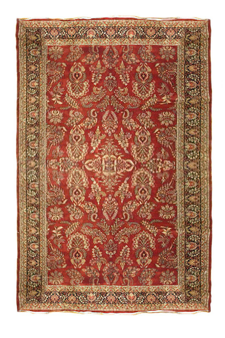 Full view of red Persian Sarough rug with all-over floral sprays and dark brown border