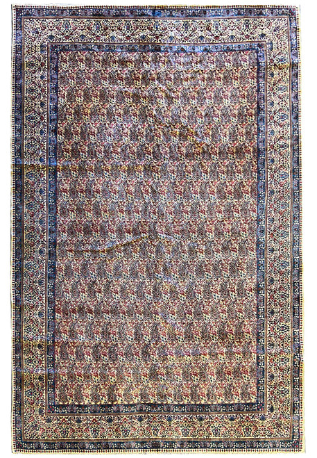 Overhead view of 9'9" x 15'10" Persian Kerman rug with ivory paisley field and blue borders