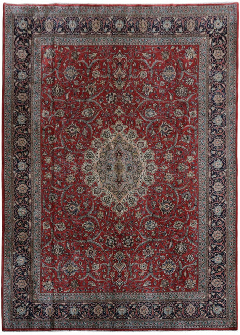 9' x 12'6" Persian Sarouk rug with red field, ivory medallion and navy floral borders