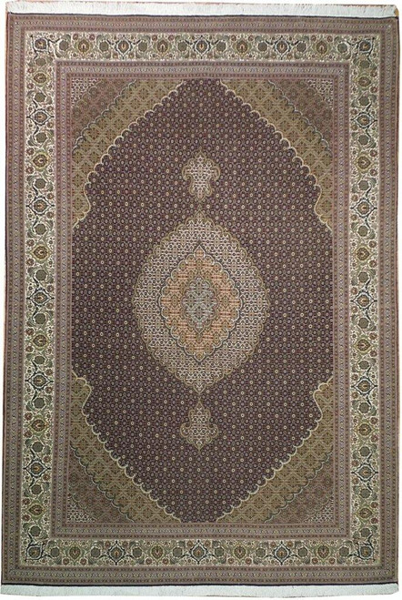 Full view of black and ivory Persian Tabriz Mahi rug with scalloped center medallion