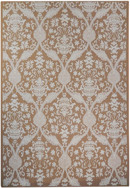 Brown and ivory Aubusson flat weave rug with repeating damask urn and vine pattern