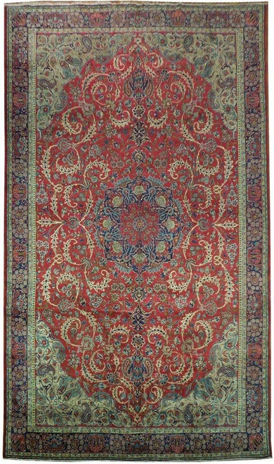 11x18 oversize Persian Tabriz rug photographed flat, red field, navy medallion, ivory floral scrollwork