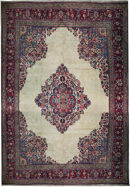 Ivory field Persian Sarough rug with wine red floral border and blue diamond medallion, 10x14