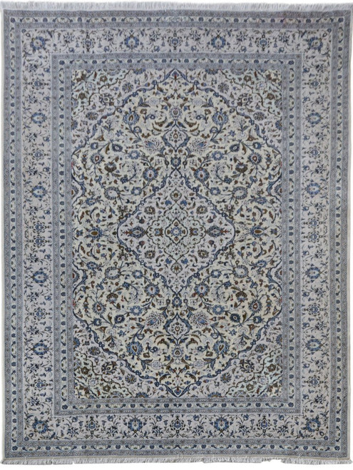 Ivory Persian Kashan rug with indigo lobed medallion, blue floral vines and pale silvery blue border