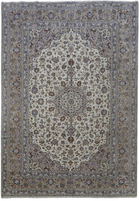 Ivory Persian Kashan rug with slate blue medallion and taupe floral border, full overhead view