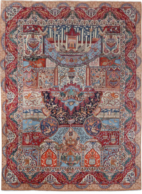 Multi color Persian Kashmar pictorial rug with palace scenes, salmon border and crimson floral frame