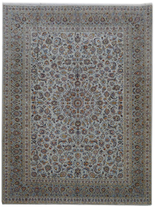 10' x 13'4" Persian Kashan rug with ivory all over floral field and green-toned border