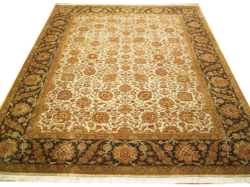 Beige Persian rug 9x12 with ivory all over floral field and chocolate brown border