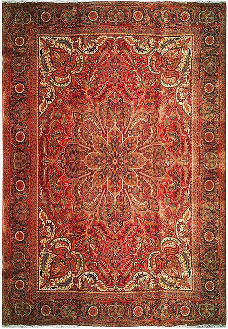 Antique red Persian Heriz rug with ivory corner spandrels and a layered floral rosette medallion