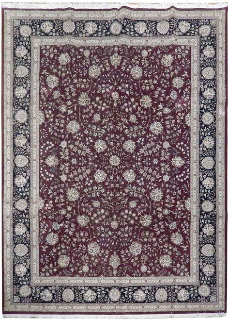 Burgundy 9x12 Sino Tabriz wool and silk rug with black floral border and ivory vines