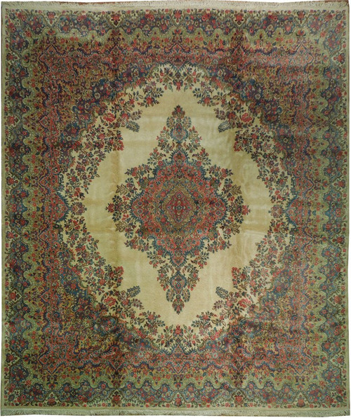 Full overhead view of 12'1" x 14' Persian Kazvin rug with ivory field and rose medallion
