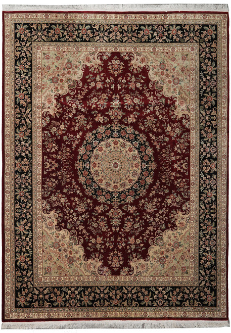 Burgundy Persian Tabriz rug with ivory round medallion, black floral border and clean cotton fringe