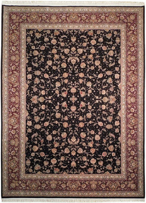 Full overhead view of 8'10 x 12 black and burgundy wool and silk Oriental rug