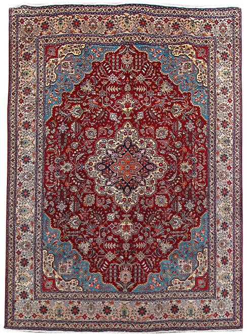 9'7" x 13'4" Persian Tabriz rug with ruby red field, navy medallion and ivory borders