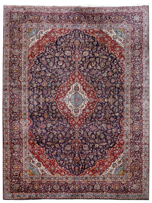 10'3" x 13'7" Persian Kashan rug with navy blue field and red central medallion